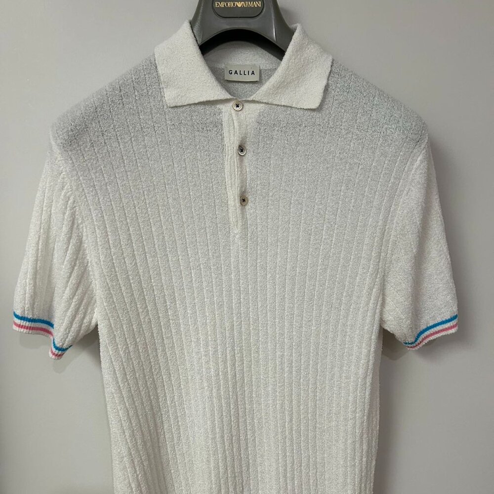 New GALLIA Knit Ivory White with Colored Stripes Short Sleeve Button Down Polo